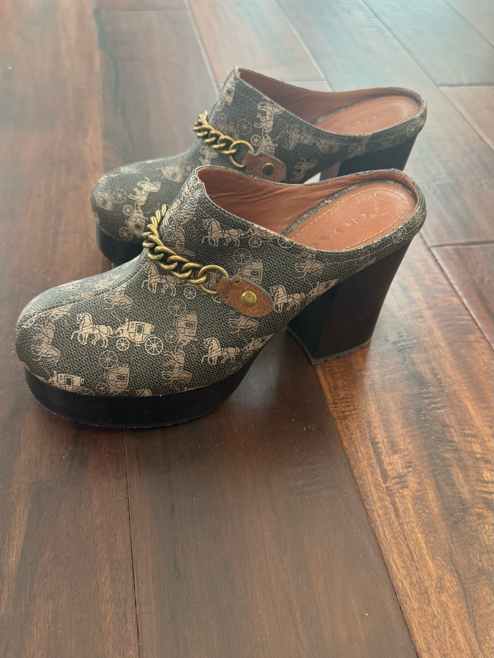 Coach Horse & Carriage Platform Mules Clogs Brown Chain Block Heel Size 6